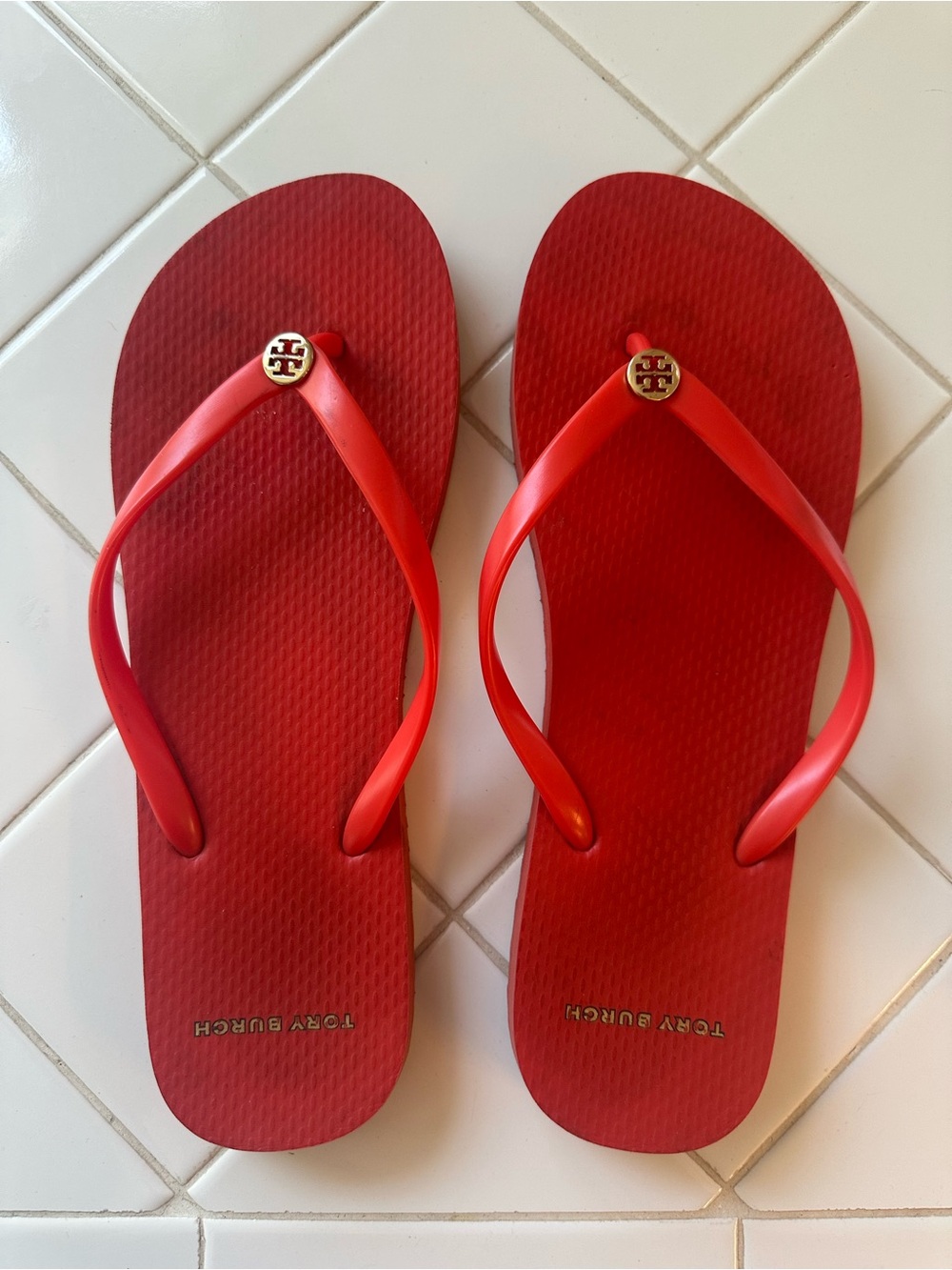 Tory Burch Red Logo Thong Sandals with Gold Emblem